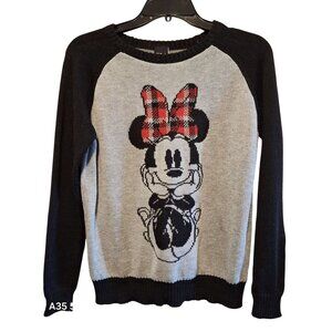 Disney Minnie Mouse Black & Gray Raglan Knit Sweater With Red Plaid Bow Womens M